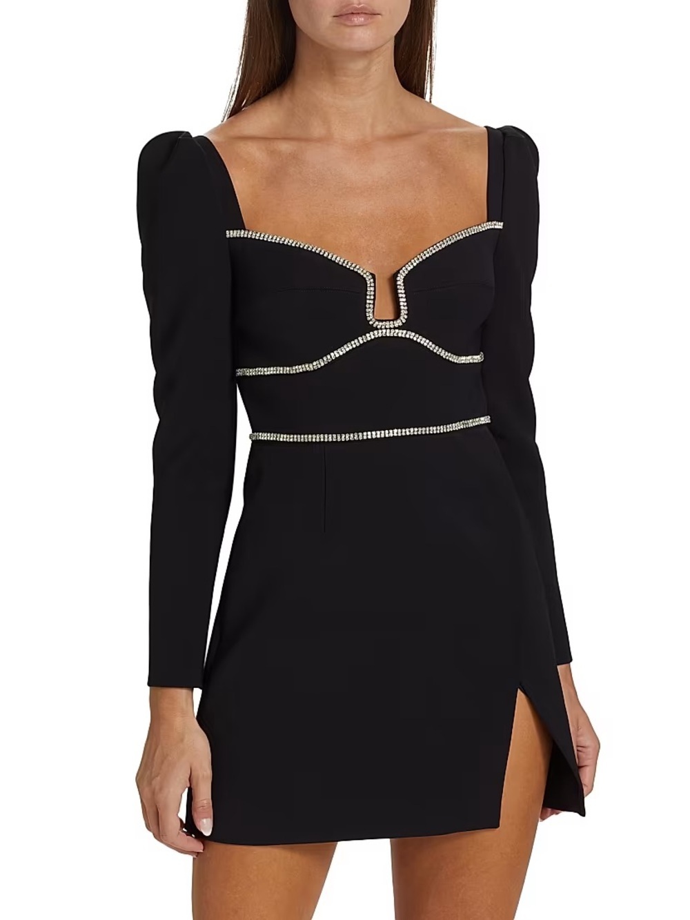 New Self-Portrait Black Crepe Diamante Detail Mini Dress Long Sleeve Sz 8